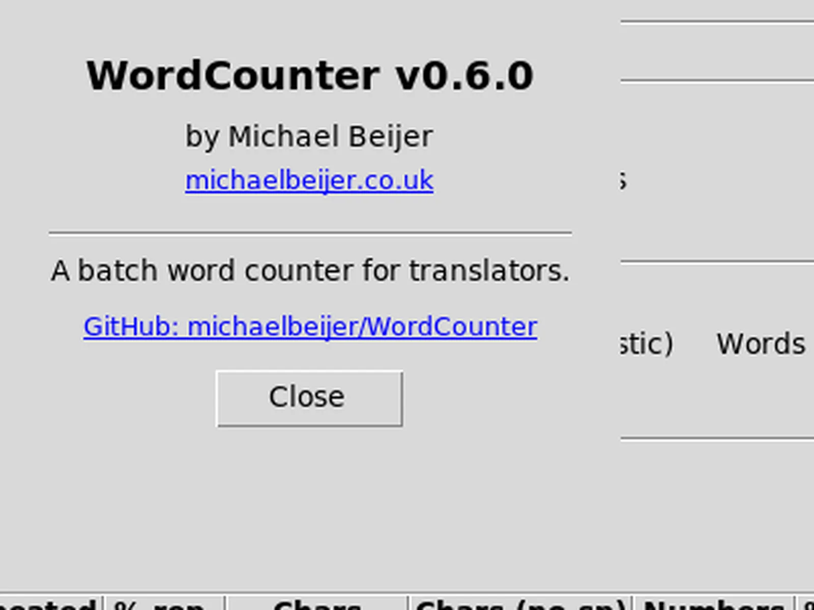 Word counter About dialog with version, author website link, and GitHub repository link.