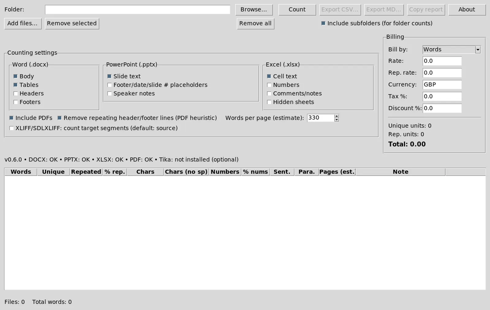 Word counter main window with file list, Count button, and empty results table ready for a batch.